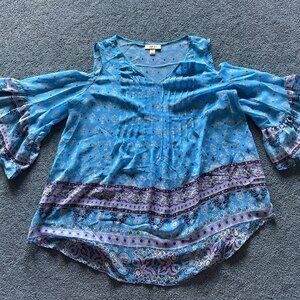 Style & Co Women's Blue Paisley Cold Shoulder Short Sleeve Blouse Size Medium